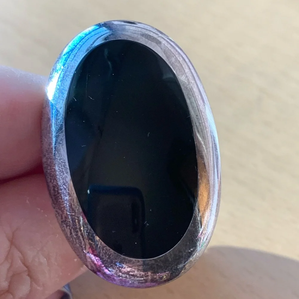 VINTAGE LARGE BLACK STONE RING 925 STERLING SILVER STATEMENT